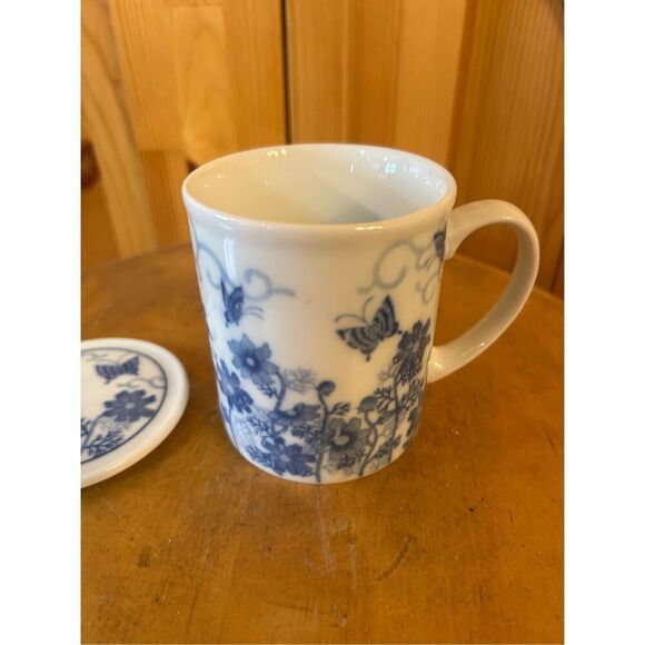 Vintage Windward Training Co Japan Blue & White Floral Coffee Cup Mug W/Cover Li - Picture 4 of 10